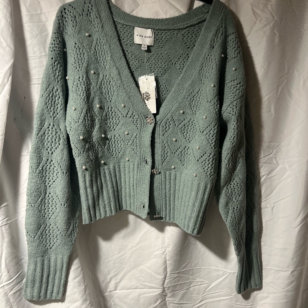 Pink Rose Mint Green V-Neck Cardigan with Pearl Embellishments